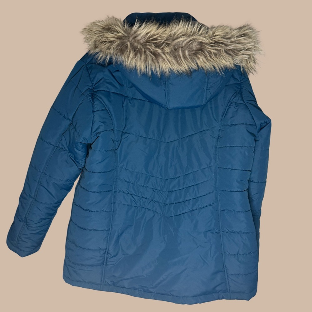 Swiss Tech Blue Puffer Jacket with Faux Fur Hood